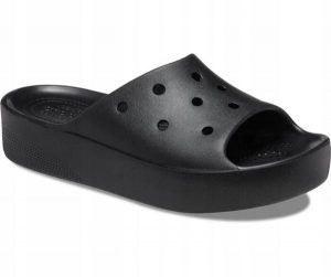 Klapki Dla Dorosłych Crocs Classic Platform Slide. Czarne klapki Crocs, bez wzorów, z materiału, bez obcasa. Za 139,99 zł.