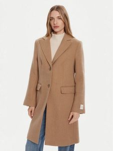 Calvin Klein Płaszcz wełniany LV044D558G Brązowy Slim Fit. Brązowe płaszcze Calvin Klein, na zimę, s, bez wzorów, z wełny, bez kaptura. Za 839,99 zł.