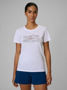 4F T-shirt regular z nadrukiem damski - biały XS. Białe t-shirty 4f, xs, bez wzorów, z bawełny, bez kołnierzyka, bez ramiączek. Za 49,99 zł.