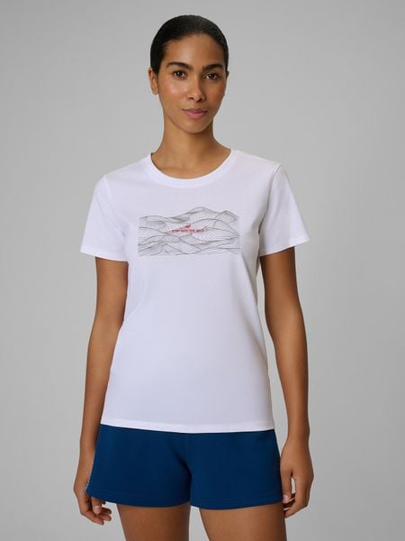 4F T-shirt regular z nadrukiem damski - biały L. Białe t-shirty 4f, l, bez wzorów, z bawełny, bez kołnierzyka, bez ramiączek. Za 59,99 zł.