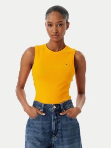 Tommy Hilfiger Top WW0WW47806 Pomarańczowy Slim Fit. Brązowe topy TOMMY HILFIGER, l, bez wzorów, z bawełny, bez kołnierzyka, bez ramiączek. Za 129,99 zł.