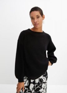 Sweter z rękawami balonowymi. Czarne swetry klasyczne bonprix, bez kołnierzyka. Za 112,99 zł.