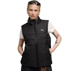 Puma ESS Padded Vest damska kamizelka. Czarne kamizelki Puma, bez wzorów, z puchu, bez kołnierzyka, bez ramiączek, bez kaptura. Za 230,99 zł.