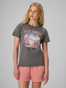 4F T-shirt regular z nadrukiem damski - szary XL. Szare t-shirty 4f, xl, bez wzorów, z bawełny, bez kołnierzyka, bez ramiączek. Za 69,99 zł.