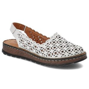 Białe Sandały Artiker Skórzane Buty Damskie. Białe sandały ARTIKER, w ażurowe wzory, ze skóry, z otwartym noskiem, bez obcasa, bez zapięcia. Za 249,00 zł.