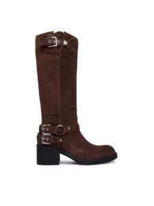 Guess Kozaki FLTMAT SUE11 Brązowy. Brązowe kozaki Guess, z aplikacjami, ze skóry, bez obcasa, na słupku, bez zapięcia. Za 773,99 zł.