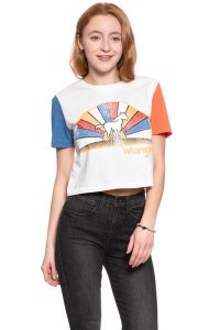 WRANGLER T SHIRT DAMSKI CROP TEE EGRET OFF WHITE W7382GFIO 112131030. Białe t-shirty Wrangler, xs, bez wzorów, bez kołnierzyka, bez ramiączek. W wyprzedaży za 39,99 zł.