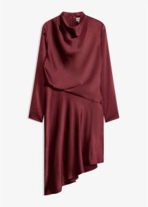 Sukienka midi z satyny. Czerwone sukienki bonprix, bez wzorów, z satyny, eleganckie, bez kołnierzyka, bez ramiączek, midi. Za 219,99 zł.