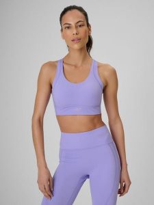 4F Biustonosz treningowy z wysokim wsparciem damski - fioletowy XL. Fioletowe biustonosze 4f, bez wzorów, z gumy. Za 179,99 zł.