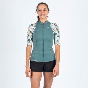 Top anty-UV do snorkelingu damski Subea Yulex100 1,5 mm Awake krótki rękaw. Zielone topy SUBEA, s, bez wzorów, z kauczuku, sportowe, bez kołnierzyka, bez ramiączek. Za 119,99 zł.