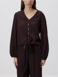 Muślinowa koszula z wiązaniem - ciemnobrązowy. Brązowe koszule Reserved, l, bez wzorów, bez kołnierzyka, bez ramiączek. Za 89,99 zł.