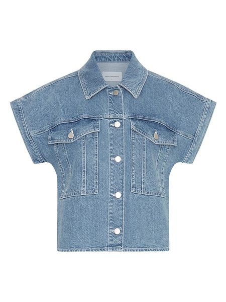 MOSS COPENHAGEN Bluzka dżinsowa w kolorze niebieskim rozmiar: M. Niebieskie bluzki Moss Copenhagen, m, bez wzorów, bez kołnierzyka, bez ramiączek. Za 180,49 zł.