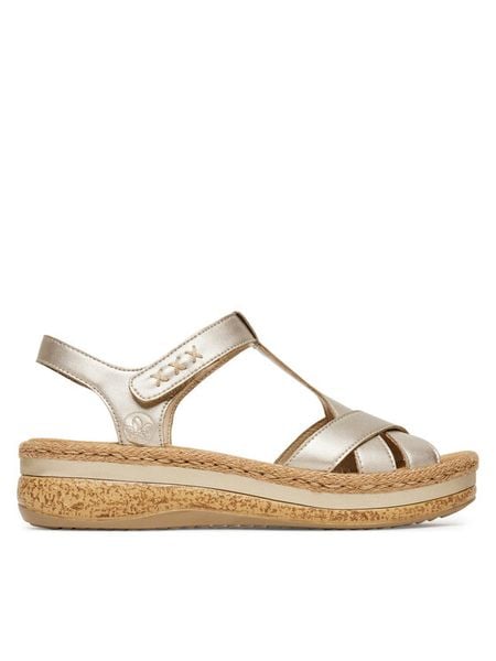 Rieker Sandały CEO-V0919-90 Złoty. Żółte sandały Rieker, bez wzorów, ze skóry, bez obcasa, na koturnie, bez zapięcia. Za 339,99 zł.