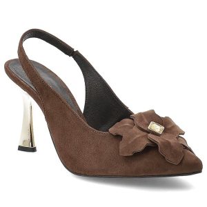 Brązowe Sandały Karino Eleganckie Obuwie Damskie Premium. Brązowe sandały Karino, bez wzorów, z weluru, bez obcasa, na obcasie, bez zapięcia. Za 489,00 zł.