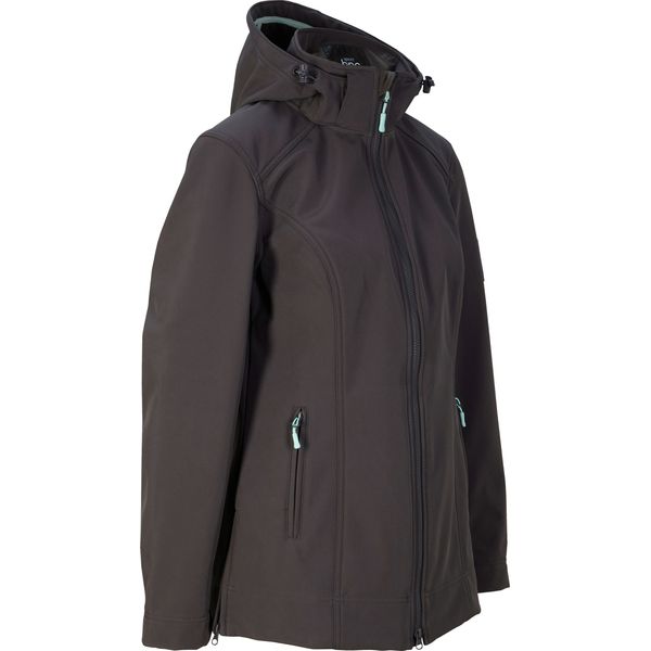 Kurtka softshell ze stretchem, odpychająca wodę. Niebieskie kurtki bonprix, bez wzorów, z softshellu, z kapturem. Za 259,99 zł.