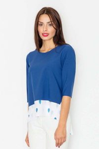 Chabrowa Bluzka z Wzorzystym Dołem z Rękawem 1/2. Niebieskie bluzki Figl, l, bez wzorów, bez kołnierzyka, bez ramiączek. Za 169,00 zł.