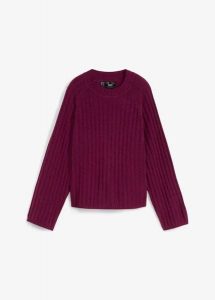 Krótszy sweter w prążek. Fioletowe swetry klasyczne bonprix, bez kołnierzyka. Za 129,99 zł.