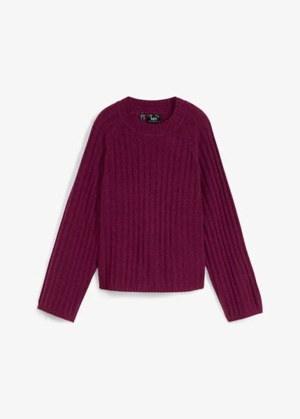 Krótszy sweter w prążek. Fioletowe swetry klasyczne bonprix, bez kołnierzyka. Za 129,99 zł.