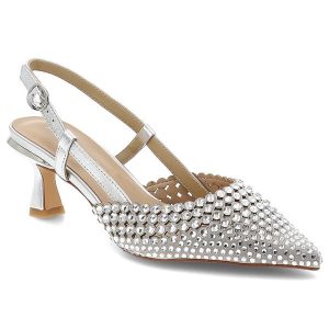 Czółenka damskie Alma En Pena, skóra naturalna ażurowa cholewka ozdobne kryształki pasek z regulacją smukły nosek elegancki obcas, srebrne, V261855. Szare czółenka Alma en Pena, w ażurowe wzory, ze skóry, bez obcasa, na obcasie, bez zapięcia. Za 599,00 zł.