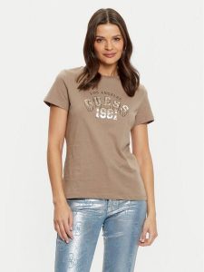 Guess T-Shirt V5RI06 I3Z14 Brązowy Regular Fit. Brązowe t-shirty Guess, s, z aplikacjami, z bawełny, bez kołnierzyka, bez ramiączek. Za 109,99 zł.