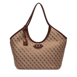 Torebka Guess. Brązowe shopper bag Guess, z aplikacjami, bez dodatków. Za 634,99 zł.