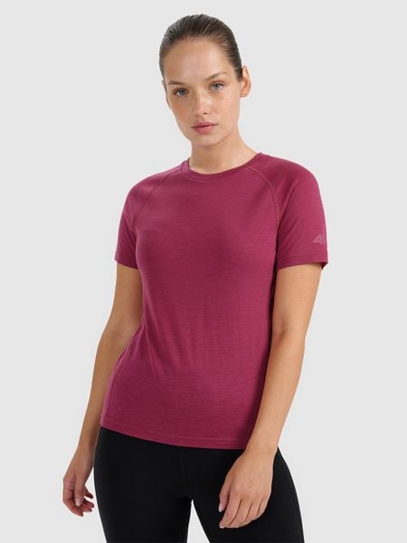 4F Koszulka trekkingowa z wełną merino damska - różowa M. Czerwone bluzki 4f, m, bez wzorów, z wełny, bez kołnierzyka, bez ramiączek. W wyprzedaży za 169,99 zł.