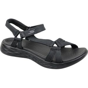 Sandały damskie, Skechers On The Go 600. Czarne buty trekkingowe Skechers, z tkaniny, bez zapięcia. Za 229,99 zł.