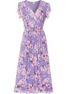 Sukienka midi z siatkowego materiału z nadrukiem. Fioletowe sukienki bonprix, bez wzorów, bez kołnierzyka, bez ramiączek, midi. Za 159,99 zł.