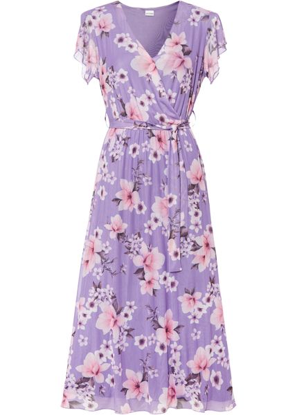 Sukienka midi z siatkowego materiału z nadrukiem. Fioletowe sukienki bonprix, bez wzorów, bez kołnierzyka, bez ramiączek, midi. Za 159,99 zł.
