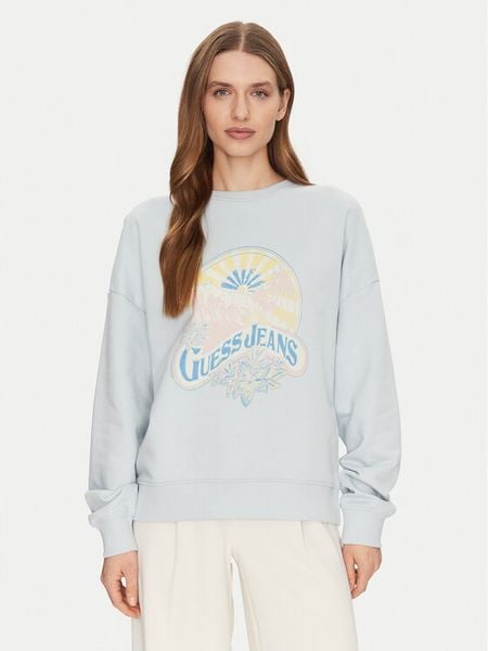Guess Jeans Bluza W5GQ16 K68I4 Błękitny Regular Fit. Niebieskie bluzy Guess Jeans, m, z aplikacjami, z bawełny, bez kaptura. Za 189,99 zł.