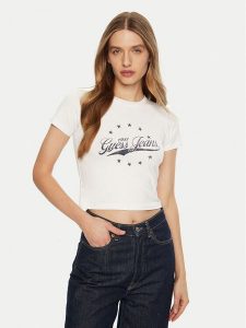 Guess Jeans T-Shirt W5RI59 J1314 Biały Regular Fit. Białe t-shirty Guess Jeans, m, z aplikacjami, z bawełny, bez kołnierzyka, bez ramiączek. Za 79,99 zł.