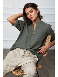 Fleur de Lin Lniana bluzka "Helly" w kolorze khaki rozmiar: S. Brązowe bluzki Fleur de Lin, s, bez wzorów, ze lnu, bez kołnierzyka, bez ramiączek. Za 153,71 zł.