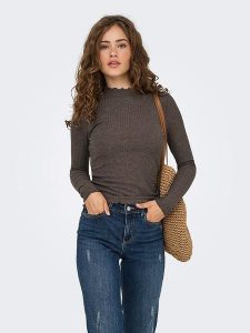 ONLY Koszulka w kolorze ciemnobrązowym rozmiar: XS. Brązowe bluzki ONLY, xs, bez wzorów, prążkowane, bez kołnierzyka, bez ramiączek. Za 43,99 zł.