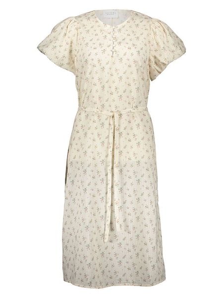 SisterS point Sukienka w kolorze kremowym ze wzorem rozmiar: S. Brązowe sukienki Sisters Point, na co dzień, s, bez wzorów, z tkaniny, bez kołnierzyka, bez ramiączek, midi, proste. Za 61,02 zł.