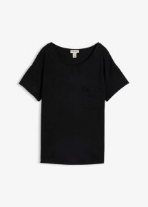 T-shirt z miękkiej mieszanki wiskozy. Czarne t-shirty bonprix, bez wzorów, z wiskozy, bez kołnierzyka, bez ramiączek. Za 54,99 zł.