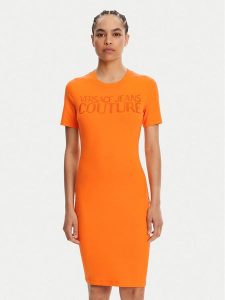 Versace Jeans Couture Sukienka codzienna 78HAOS04 Pomarańczowy Slim Fit. Brązowe kombinezony Versace Jeans Couture, na co dzień, l, bez wzorów, z bawełny, bez kołnierzyka, bez ramiączek, proste. Za 399,99 zł.