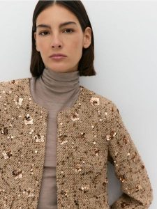 Tweedowy żakiet z cekinami - brązowy. Brązowe marynarki i żakiety Reserved, l, bez wzorów, z tkaniny. W wyprzedaży za 119,99 zł.