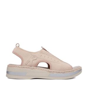 Sandały Rieker. Czerwone sandały Rieker, bez wzorów, bez obcasa, na koturnie, bez zapięcia. Za 319,99 zł.