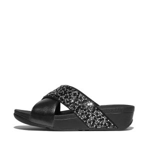 Klapki damskie FitFlop Lulu Crystal-Mix Metallic Cross. Czarne klapki FIT FLOP, bez wzorów, z gumy, bez obcasa. Za 493,50 zł.