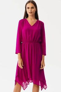 Elegancka zwiewna sukienka szyfonowa wizytowa śliwkowa. Sukienki Stylove, na randkę, xl, bez wzorów, z szyfonu, eleganckie, bez kołnierzyka, bez ramiączek, oversize. Za 379,00 zł.