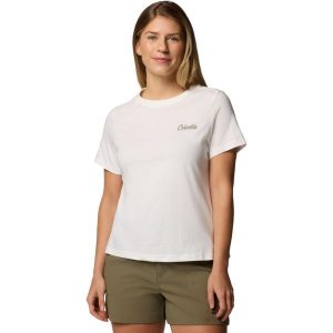 T-shirt sportowy z krótkim rękawem damski Rolling Bend Graphic SS Tee. Brązowe koszulki sportowe Columbia, bez wzorów, z bawełny, bez ramiączek. Za 99,99 zł.
