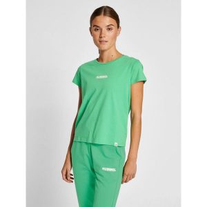 Koszulka damska Hummel Legacy. Zielone bluzki Hummel, bez wzorów, z bawełny, eleganckie, bez kołnierzyka, bez ramiączek. Za 75,90 zł.