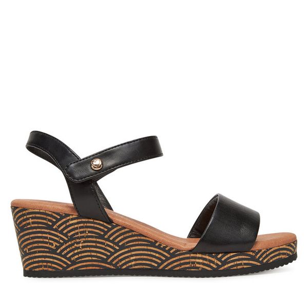 Sandały Marco Tozzi. Czarne sandały Marco Tozzi, bez wzorów, bez obcasa, na koturnie, bez zapięcia. Za 249,99 zł.