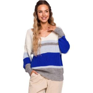 Sweter w Paski z Dekoltem V - Model 3. Swetry klasyczne MOE, l, z materiału, bez kołnierzyka. Za 218,90 zł.