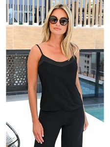 Bleu d'Azur Top "Lolita" w kolorze czarnym rozmiar: 38. Czarne topy Bleu d'Azur, w ażurowe wzory, klasyczne, bez kołnierzyka, bez ramiączek. Za 132,45 zł.