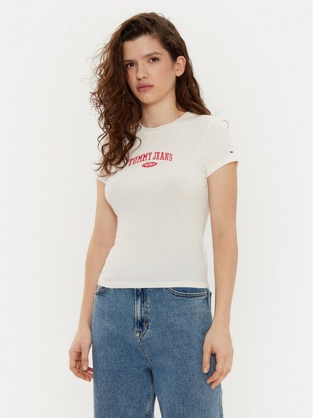 Tommy Jeans T-Shirt DW0DW19435 Écru Slim Fit. T-shirty Tommy Jeans, xs, bez wzorów, z bawełny, bez kołnierzyka, bez ramiączek. Za 79,99 zł.