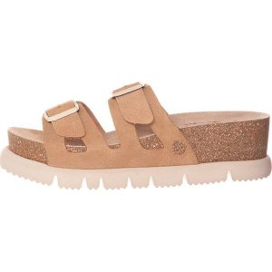 Yokono Skórzane klapki w kolorze beżowym rozmiar: 38. Brązowe klapki Yokono, bez wzorów, z otwartym noskiem, bez obcasa. Za 104,64 zł.