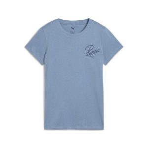 Damska koszulka ESS SCRIPT PUMA Cool Blue. Niebieskie bluzki Puma, bez wzorów, sportowe, bez kołnierzyka, bez ramiączek. Za 109,00 zł.
