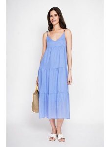 ASSUILI Lniana sukienka w kolorze błękitnym rozmiar: 34. Niebieskie sukienki Assuili, bez wzorów, ze lnu, bez kołnierzyka, bez ramiączek, maxi, rozkloszowane. Za 130,99 zł.