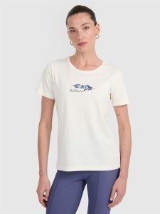4F T-shirt regular z nadrukiem damski - biały XS. Białe t-shirty 4f, xs, bez wzorów, z bawełny, bez kołnierzyka, bez ramiączek. Za 59,99 zł.